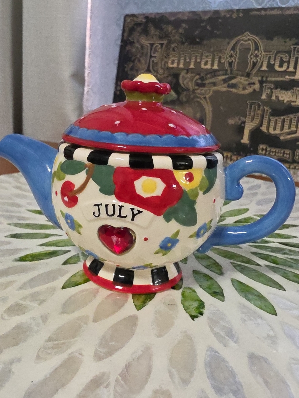 Mary Engelbreit Miniature Mini Teapot July Birthstone Month Red Heart